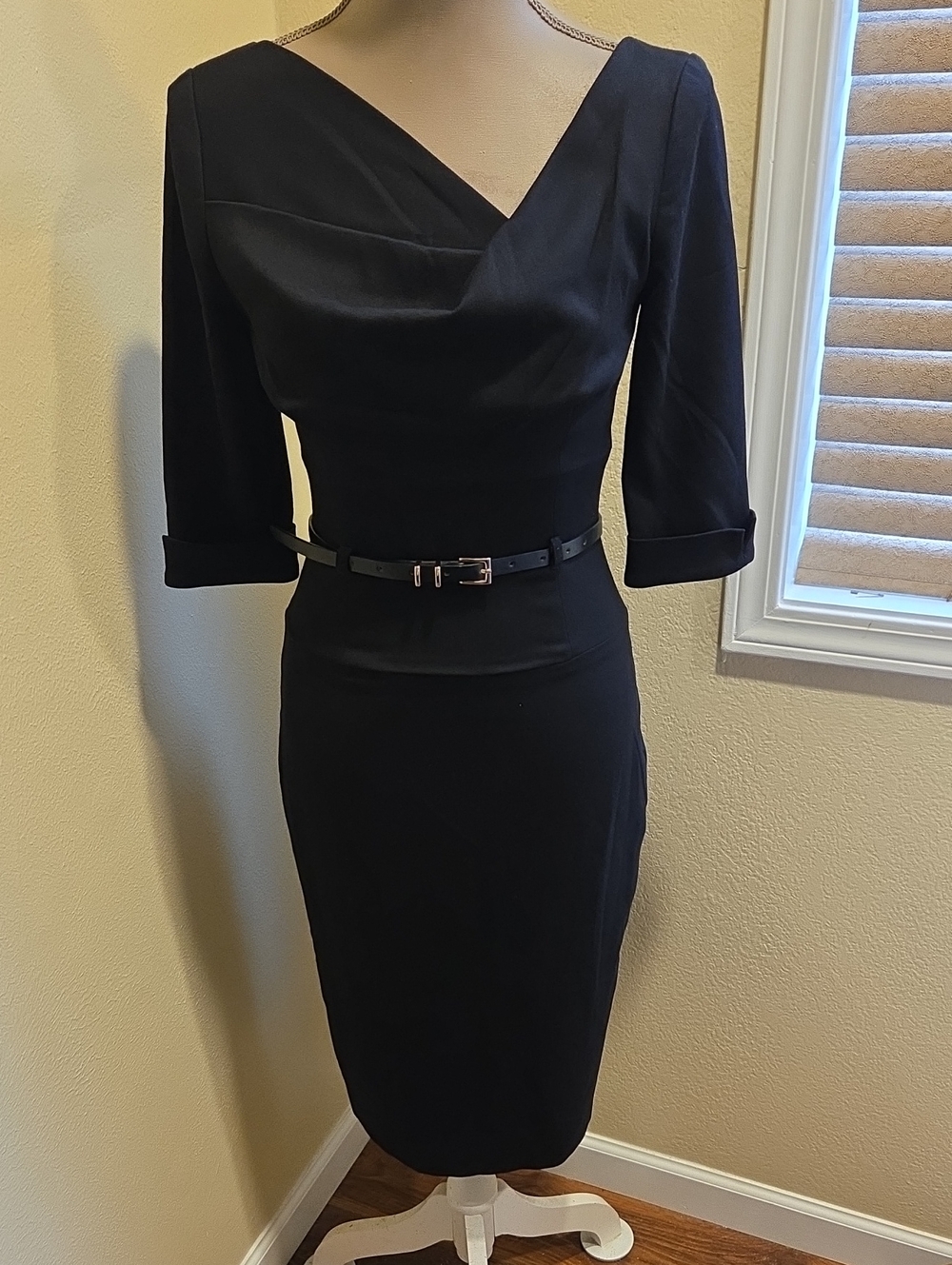 Black Halo Black Draped Sheath Dress with Slim Belt